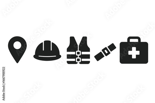 Travel safety icons set with location pin, construction helmet, life jacket, seatbelt, and first aid kit symbols for safe journeys and protection concept
