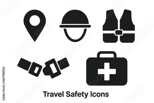 Travel Safety Icons Set, Solid Filled Vector Symbols for Safe Travel Zones, Location Pin, Safety Helmet, Life Jacket, Seatbelt, First Aid Kit, Risk Protection, Emergency Preparedness