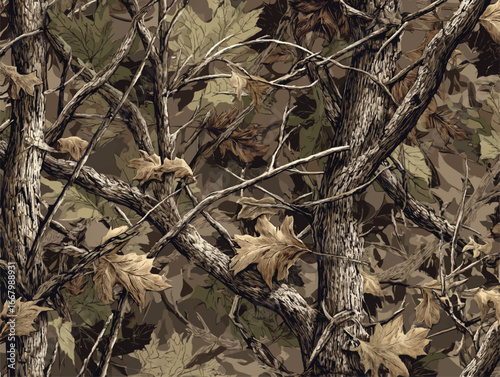 Tree forest camouflage seamless pattern design pattern for hunting and military uniforms. Hunting camouflage.