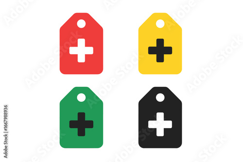 Emergency Medical Triage Icons Grid with Red, Yellow, Green, and Black Tags for Urgency Categorization, Healthcare Symbols, Priority Label Set Vector Illustration