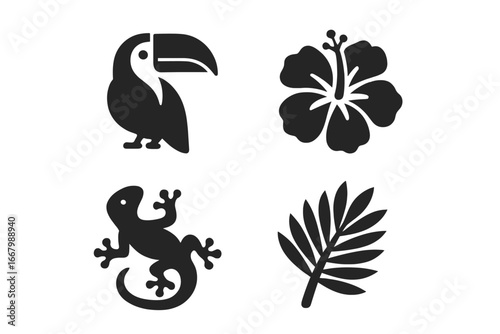 Tropical flora and fauna icons set, solid filled vector illustrations including toucan bird, hibiscus flower, gecko lizard, palm leaf, exotic wildlife symbols, nature design elements
