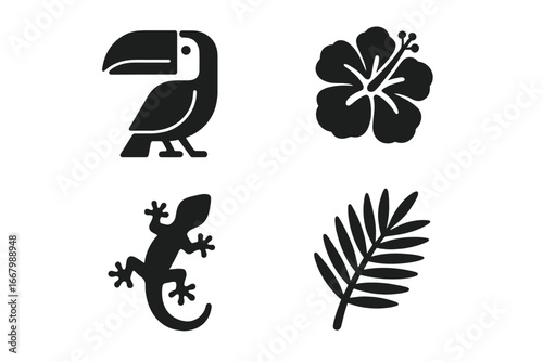 Tropical Flora and Fauna Icons Set, Solid Black Vector Illustrations of Toucan Bird, Hibiscus Flower, Gecko Lizard, and Palm Leaf, Exotic Nature Elements for Design