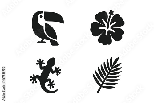 Tropical flora and fauna icons set including solid toucan, hibiscus flower, gecko, and palm leaf vector illustration, tropical wildlife symbols, summer nature elements, exotic birds and plants