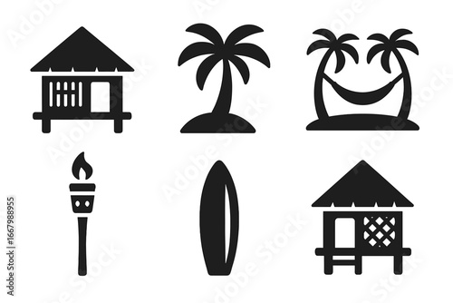 Tropical Island Icon Set with Solid Silhouettes of Island Hut, Bamboo Hut, Palm Trees, Thatched Roofs, Hammock, Tiki Torch, and Surfboard Vector Illustration