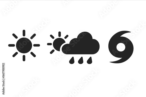 Tropical weather icons set. Solid filled vector illustrations of sunny day, partly cloudy, rain shower, and tropical storm hurricane symbols on transparent background