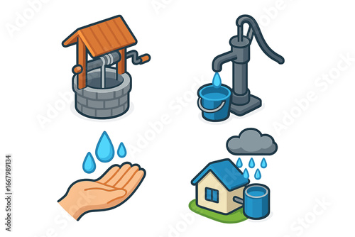 Water Management Icons Isometric Flat Vector Set Including Water Security, Village Water Well, Hand Pump, Rainwater Collection System, and Water Conservation Illustration