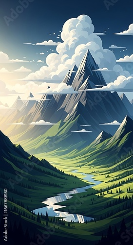 Mountain valley landscape illustration
