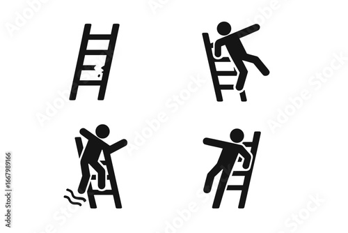 Unsafe Ladder Icons Vector Set, Solid Filled Symbols Illustrating Common Ladder Hazards Including Broken Rung, Overreaching, Slippery Steps, Leaning Too Far, Workplace Safety Concept