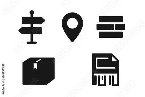 Urban Icon Set with Solid Filled Real-World Integration Symbols including Street Sign, Location Pin, Urban Clue, Package Box, and Flyer Vector Illustration
