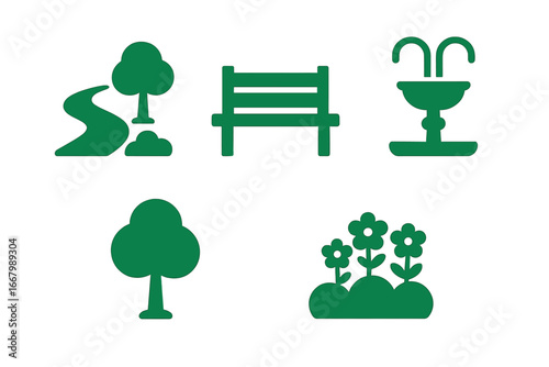 Urban Park Icon Set with Solid Green Filled Icons Featuring Walking Path, Bench, Water Fountain, Tree, and Flower Bed Vector Illustration on Transparent Background