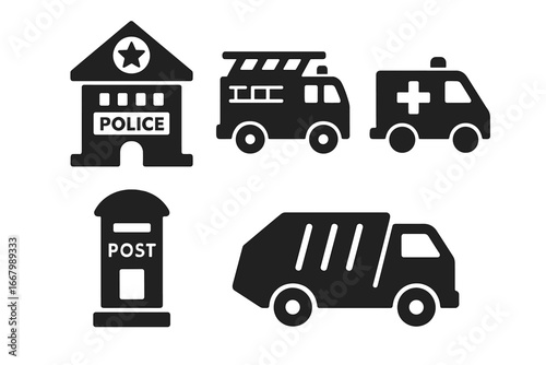 Urban Services Icons Solid Filled Vector Set Police Station Fire Truck Ambulance Post Box Garbage Truck Urban Infrastructure Emergency Transport Utility Symbols