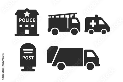 Urban services icon set with solid police station, fire truck, ambulance, post box, and garbage truck symbols. Vector filled icons for public safety and city utilities design