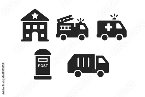 Urban services icons solid filled vector set featuring police station, fire truck, ambulance, post box, and garbage truck symbols for city infrastructure and emergency response