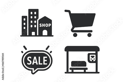 Urban shopping icons, solid filled vector set of city buildings, retail storefront, shopping cart, neon sale sign, public bus stop, urban lifestyle symbols