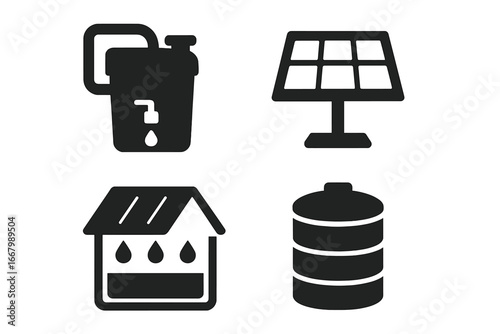 Urban survival gear icons, solid filled set of rooftop survivalist essentials including water purifier, solar panel, rainwater collection, and storage tank, vector illustration
