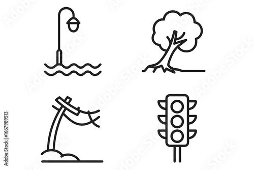 Urban storm damage icons outline set with flooded streetlamp, uprooted tree, fallen power line, and traffic light, vector illustration of city storm impact and infrastructure damage