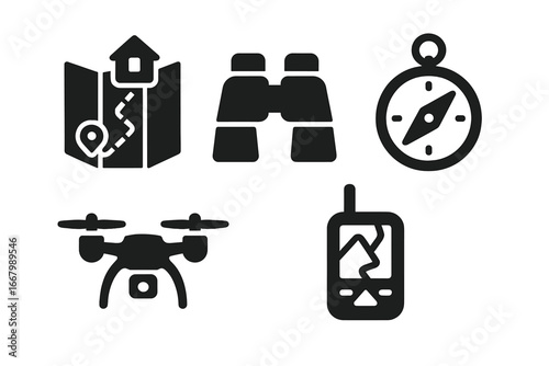 Urban Survival Icons Set. Solid Filled Vector Icons of Urban Navigation Tools Including Rooftop Map, Binoculars, Compass, Drone, and GPS Device. Transparent Illustration