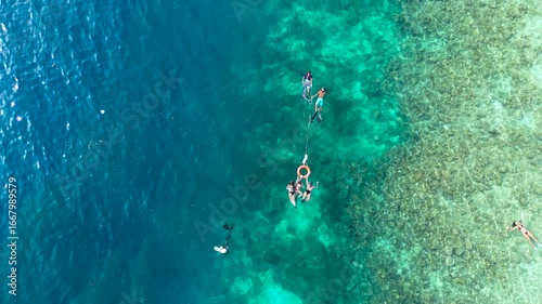 Wallpaper Mural Aerial view of several adults snorkeling in shallow, clear turquoise ocean water over a coral reef, with some holding a lifebuoy, Moalboal, Cebu. Torontodigital.ca