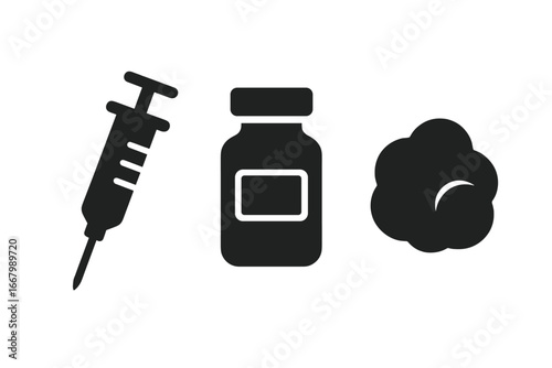 Vaccination tools icons set with injection syringe, vaccine vial, cotton ball. Medical vaccination process equipment, immunization symbols, healthcare vector illustration