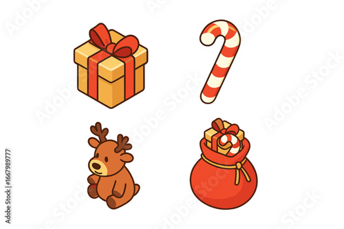 Christmas isometric icon set. Cute cartoon vector collection of Santa's gift bag contents. Includes gift box, present, candy cane, stuffed reindeer, toy and Santa's sack.