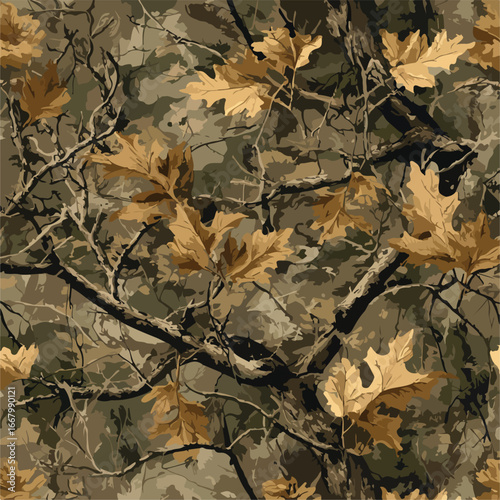 Realistic hunting camouflage seamless pattern design. Forest barks, stems, leaves camouflage background