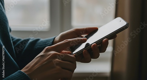 Person using generic smartphone in natural light, sharp focus, soft background blur, authentic lifestyle moment