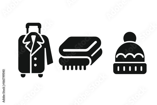 Winter Travel Essentials Icons. Solid filled vector icon set showing travel-ready winter gear including suitcase with coat, packed scarf, warm hat, foldable cartoon style illustration