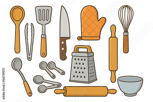 Kitchen utensils vector set for cooking and baking. Cartoon illustration of cookware equipment icons. Spoon, knife, whisk, grater, rolling pin, oven mitt isolated.