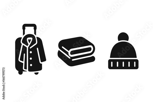 Winter Travel Essentials Icons, Solid Filled Vector Set of Travel-Ready Winter Apparel and Accessories, Suitcase with Coat, Folded Scarf, Warm Knit Hat, Cartoon Style Illustration