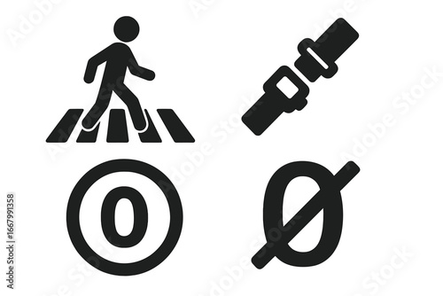 Zero Accidents Concept Icon Set. Bold Solid Icons of Transport Safety Including Pedestrian Crosswalk, Seatbelt, Speed Limit Zero, No Accidents Vector Illustration for Road Safety Campaign