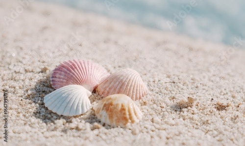 seashells on pale sandy beach, soft natural light, pastel color palette