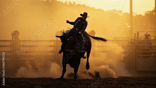 Silhouetted bull and rider in mid-air during rodeo
