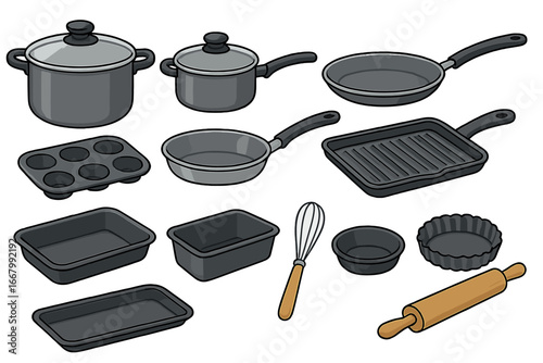 Kitchen utensils set with cookware and bakeware. Vector collection of cooking equipment like pots, pans, grill pan, and baking tools like rolling pin, whisk, muffin tin.