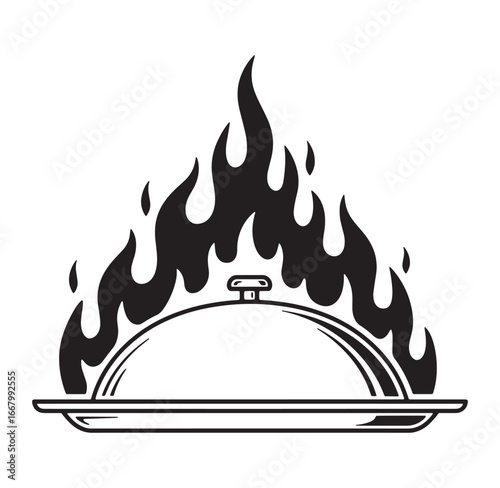 Black and white illustration of a hot dish with flames above a traditional serving tray.
