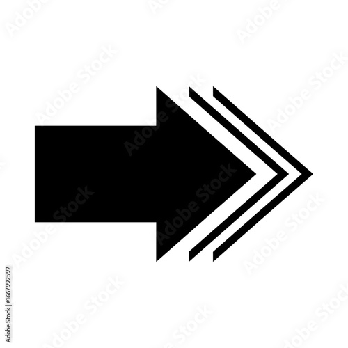 Dynamic black arrow icon pointing right with speed lines, a symbol of forward progress and direction for web interfaces and graphic design elements