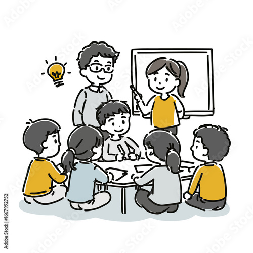A charming doodle of teachers facilitating an interactive workshop for a group of children, fostering creativity, teamwork, and innovative ideas in the classroom.
