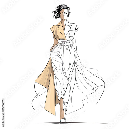 An elegant, hand-drawn fashion sketch of a chic woman in a stylish coat, illustrating the creative process of a high-fashion designer from concept to reality.
