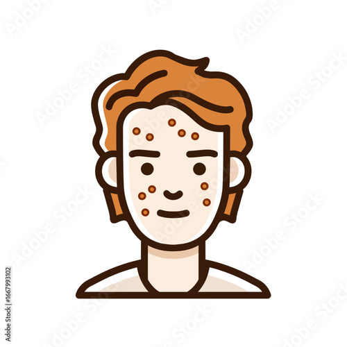An illustrative icon of a young person's face with acne, representing common skin problems, blemishes, and the need for a dermatological skincare routine.
