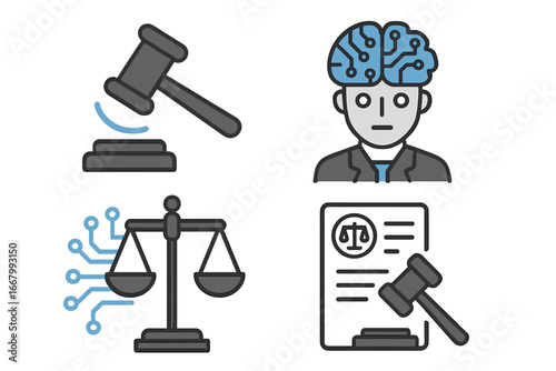 Legal aspects of AI. Artificial intelligence law, justice, and ethics icon set. Robot lawyer, digital law, cyber justice concept. Gavel, scales, and policy regulation vector icons.