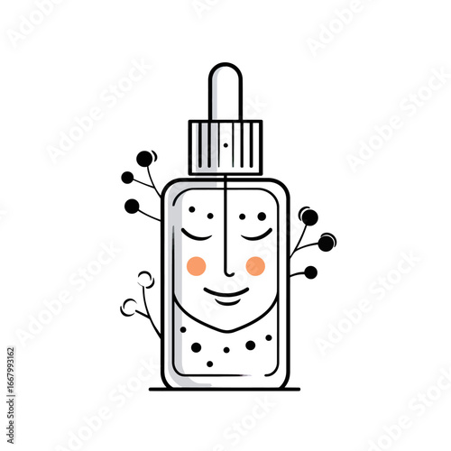 A whimsical and minimalist line art icon of a cosmetic serum bottle with a happy face and botanical elements, perfect for a natural, organic skincare brand logo.

