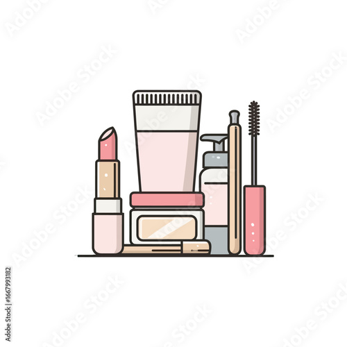 A stylish and modern flat design illustration of a complete makeup and cosmetics set, perfect for a beauty blog, salon branding, or skincare product line.
