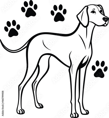 Weimaraner Standing With Slim Posture And Paw Prints