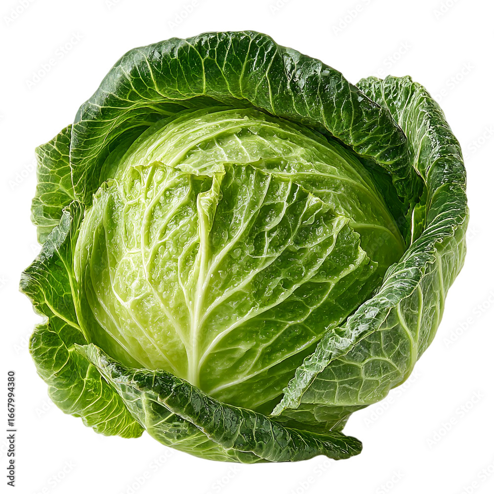 Obraz premium A single round green cabbage with ruffled leaves on a plain background view isolated on transparent background