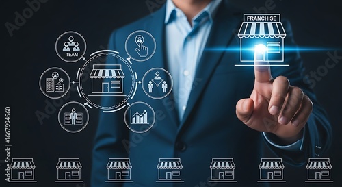 Businessman selecting a franchise business opportunity with futuristic interface