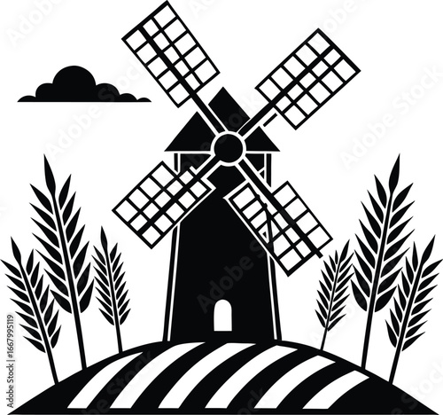 Windmill On Gentle Slope With Scattered Wheat