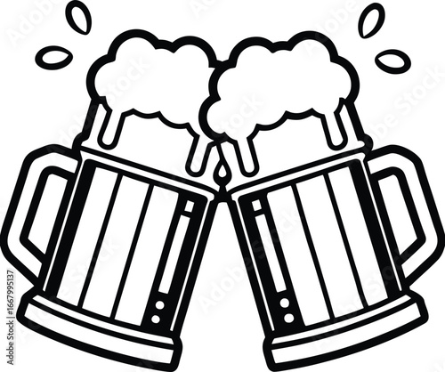 Beer steins toasting with foam splash, vintage line-art vector.