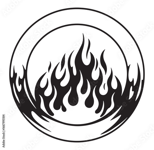 Black and white vector illustration of a fiery flame inside a circular frame design
