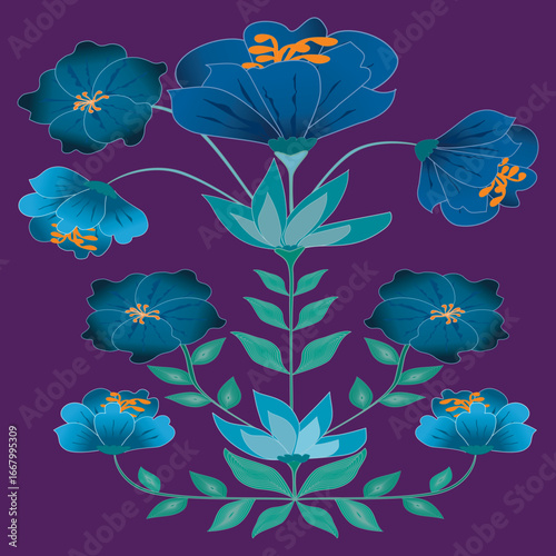 Ornate blue blossoms with orange stamens bloom from a central teal stem on deep purple. Layered lotus leaves and fine-veined foliage create a symmetrical, luminous botanical emblem.
