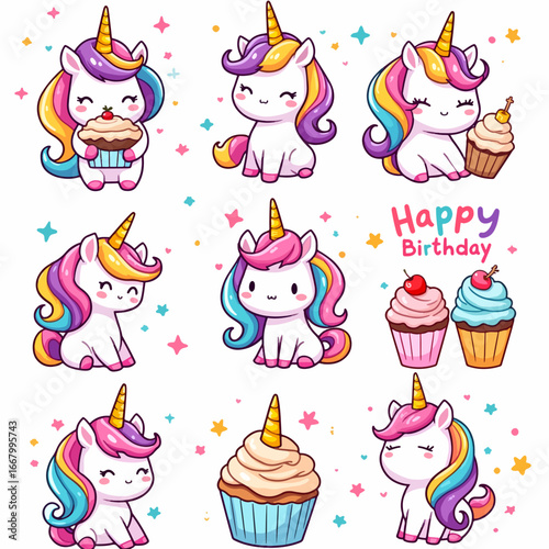 Set of cute unicorns in kawaii style with cupcakes and rainbow hair