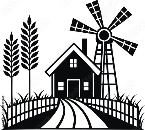 Windmill With Barn Wheat And Stone Path